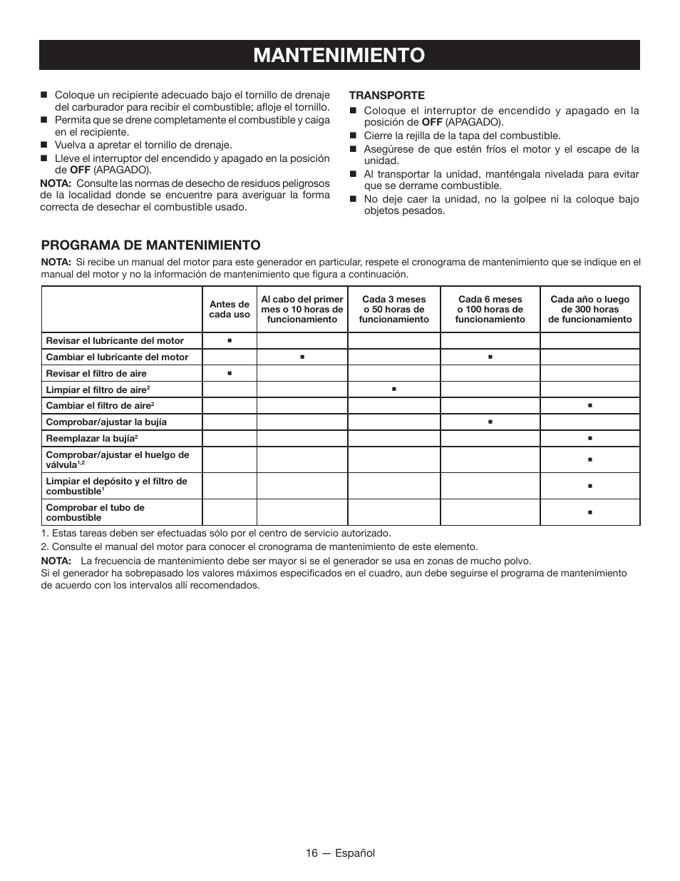 Mantenimiento, Programa de mantenimiento | Ryobi RYI2000T User Manual | Page 58 / 64