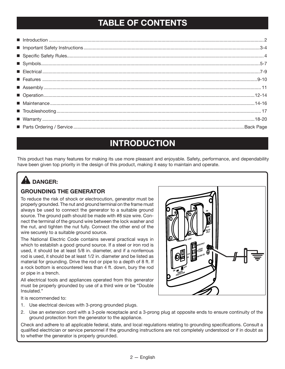 Table of contents introduction, Danger: grounding the generator | Ryobi RYI2000T User Manual | Page 6 / 64