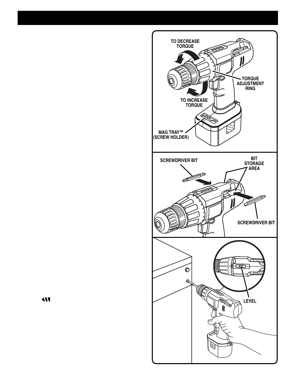Operation, Removing bits, Mag tray | Screwdriving, Bit storage, Level drilling | Ryobi HP1441M User Manual | Page 10 / 14