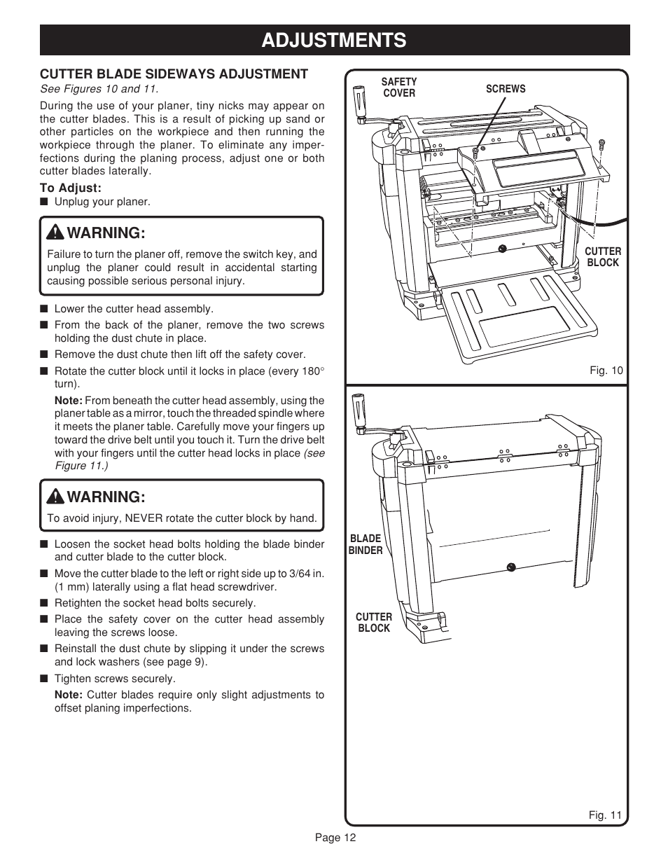 Adjustments, Warning | Ryobi AP1300 User Manual | Page 12 / 18