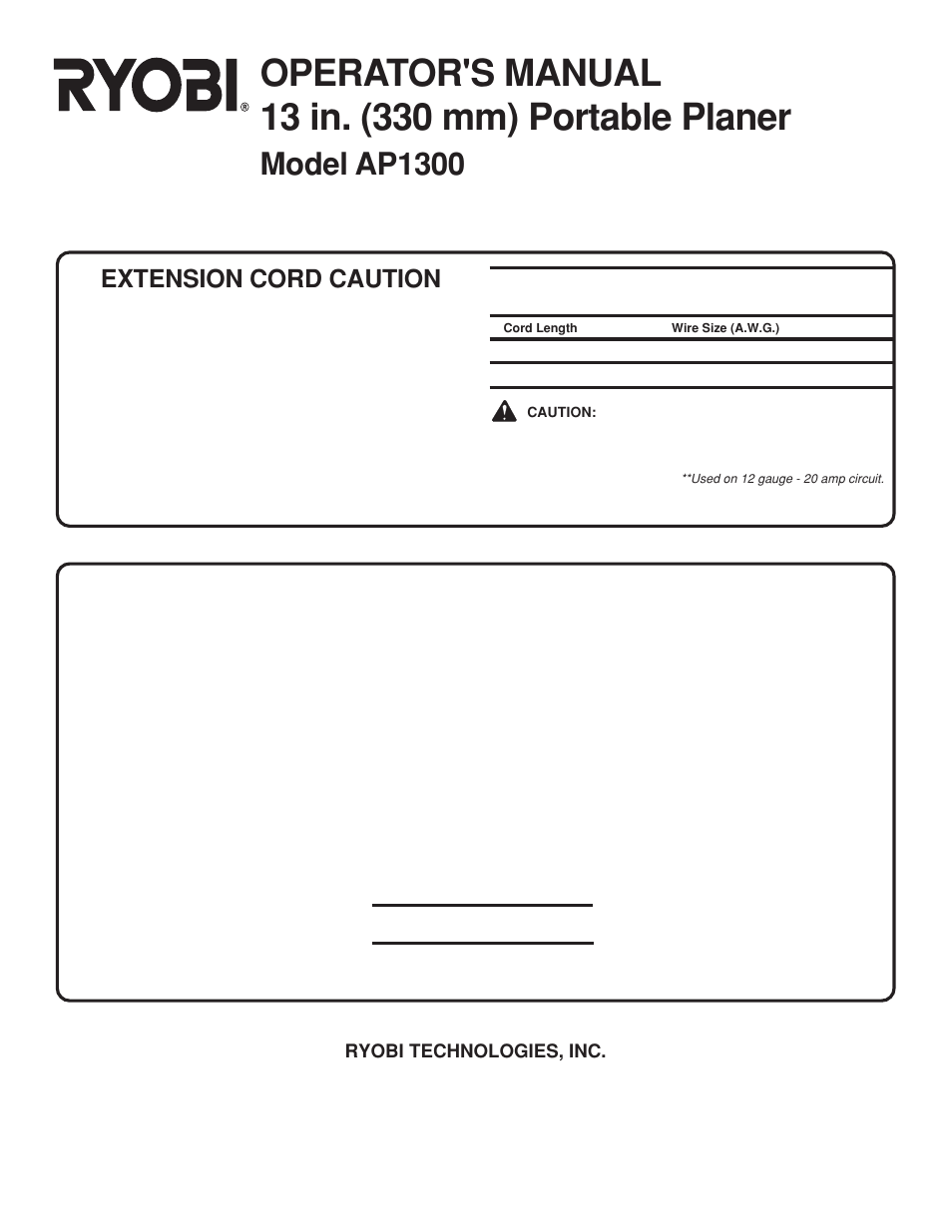 Model ap1300, Service, Model no | Extension cord caution | Ryobi AP1300 User Manual | Page 18 / 18