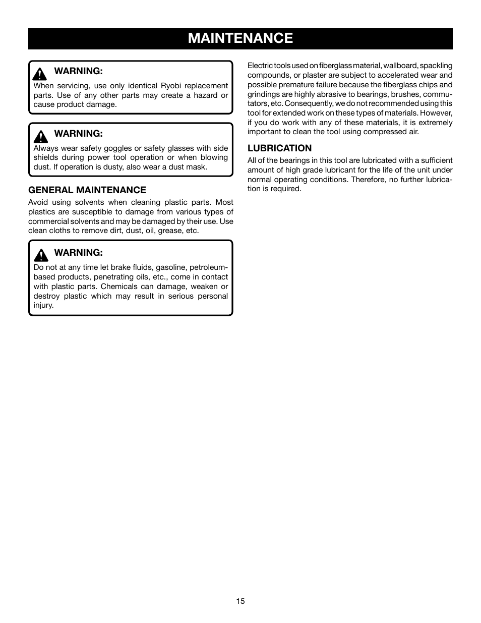 Maintenance | Ryobi BE318-2 User Manual | Page 15 / 16