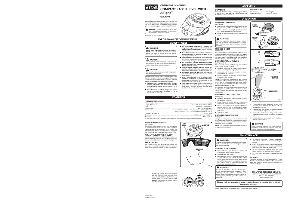 Ryobi AirGrip ELL1001 User Manual | 2 pages