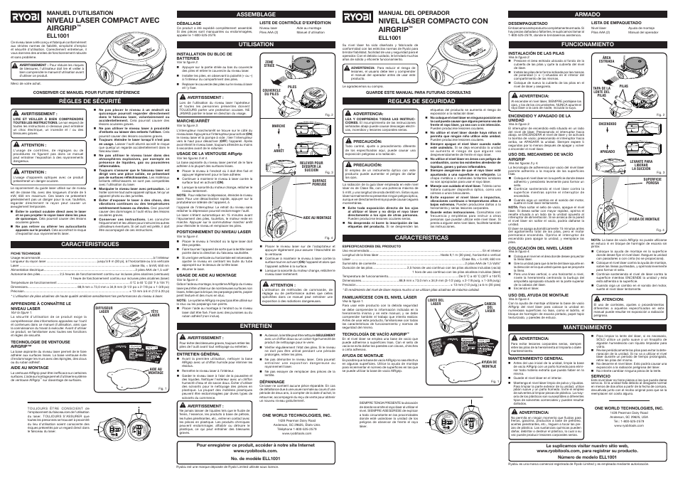 45 r, Niveau laser compact avec airgrip, Nivel láser compacto con airgrip | Ryobi AirGrip ELL1001 User Manual | Page 2 / 2