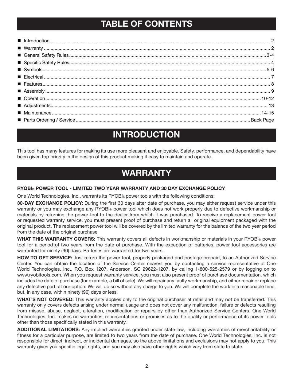 Table of contents introduction, Warranty | Ryobi AG452 User Manual | Page 2 / 16