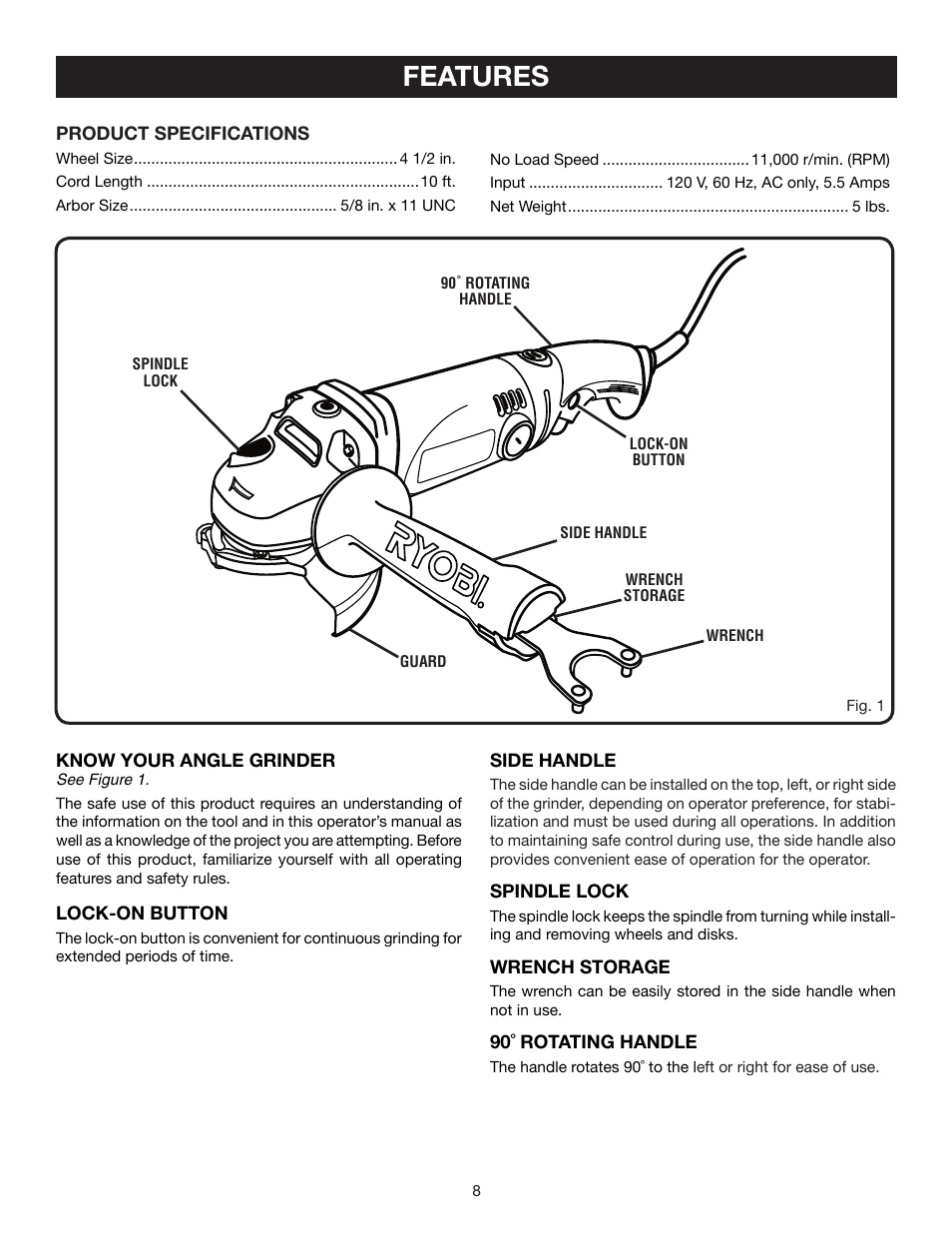 Features | Ryobi AG452 User Manual | Page 8 / 16