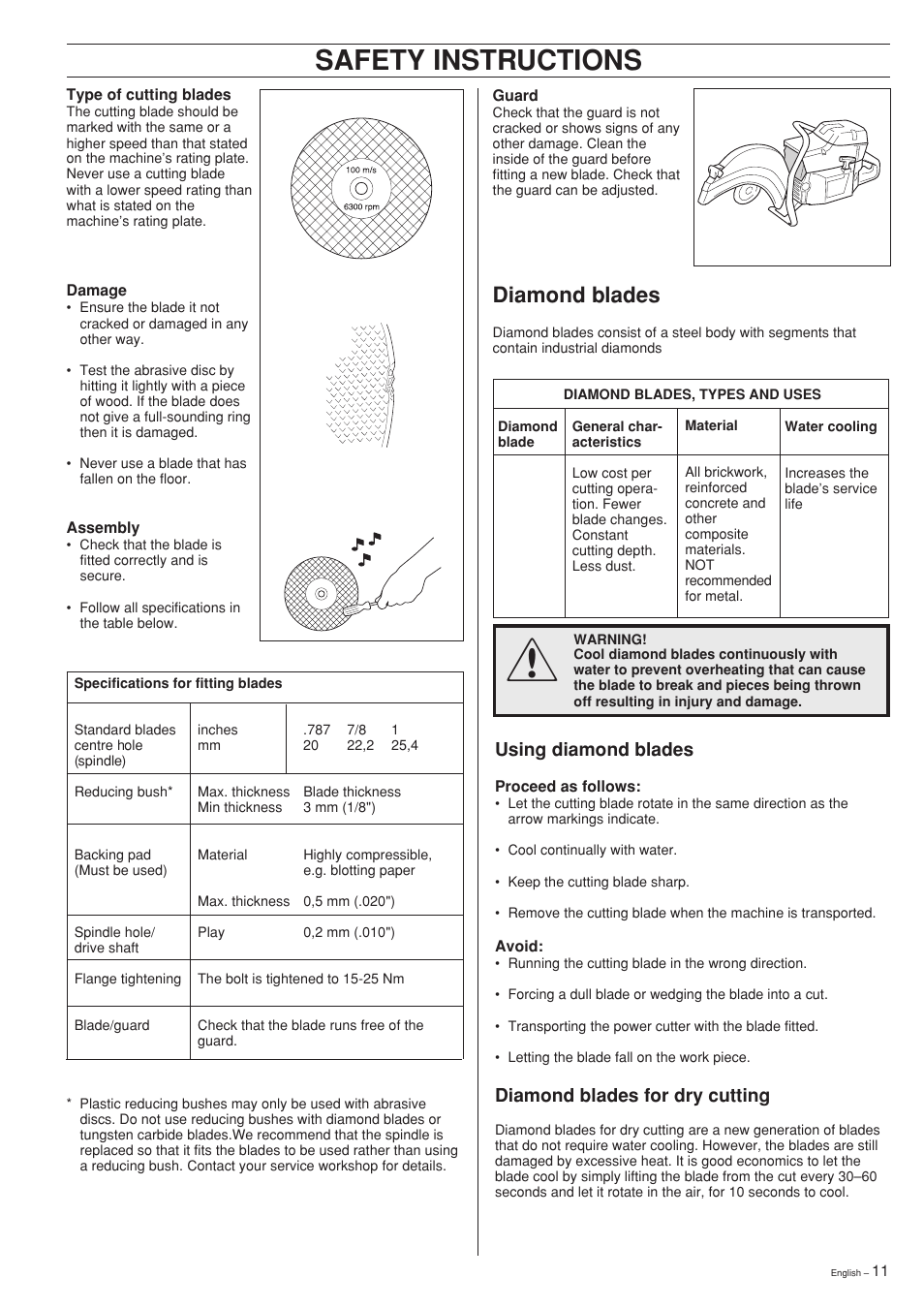 Safety instructions, Diamond blades, Using diamond blades | Diamond blades for dry cutting | Ryobi Drill Press User Manual | Page 11 / 25