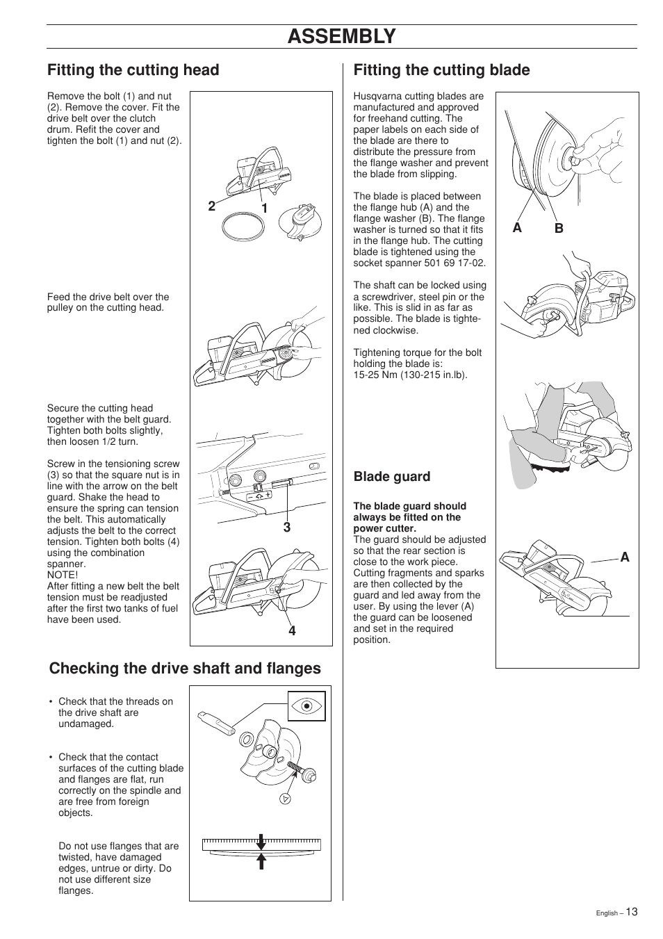 Assembly, Fitting the cutting blade, Checking the drive shaft and flanges | Fitting the cutting head | Ryobi Drill Press User Manual | Page 13 / 25