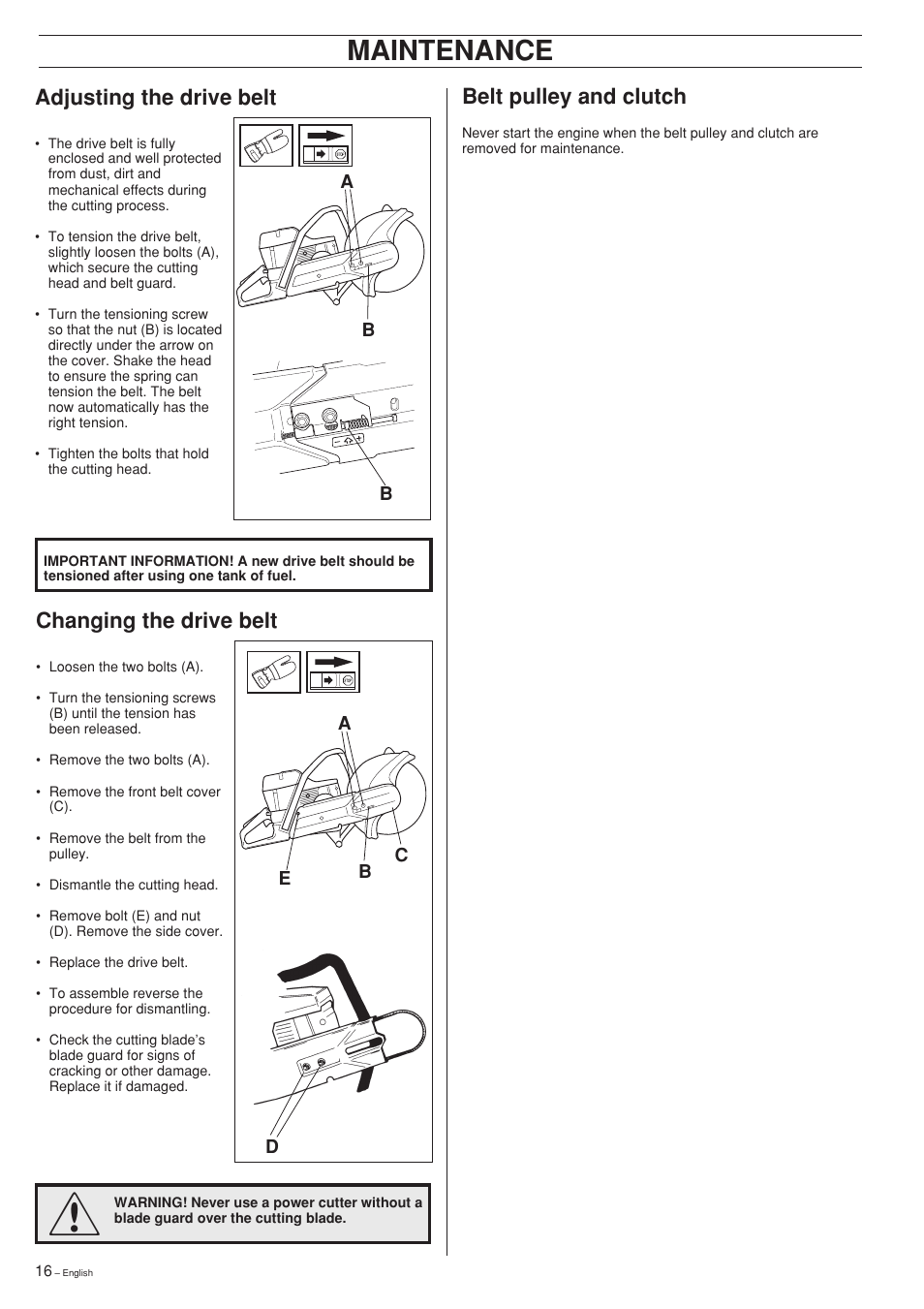 Maintenance, Adjusting the drive belt, Changing the drive belt | Belt pulley and clutch | Ryobi Drill Press User Manual | Page 16 / 25