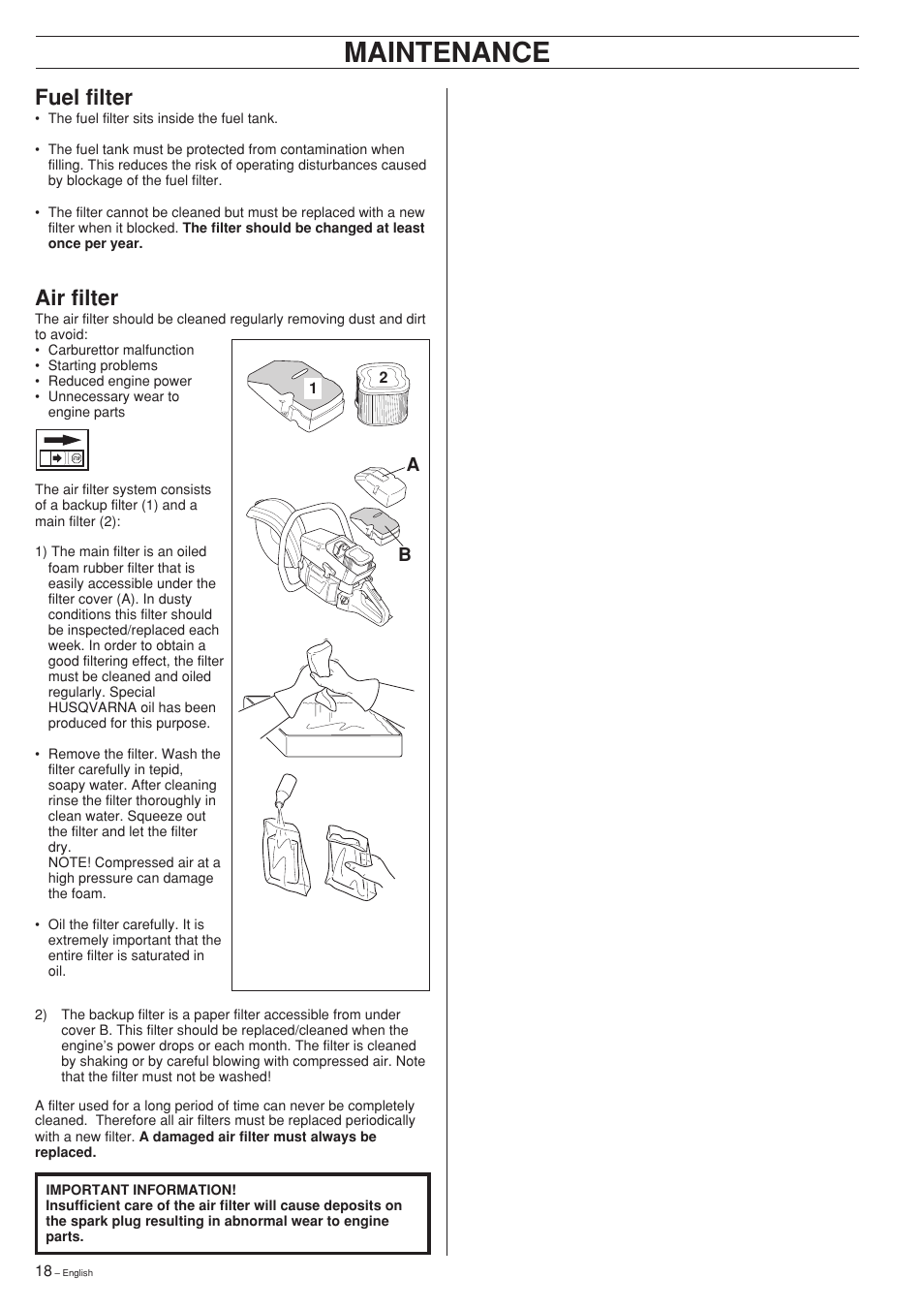 Maintenance, Fuel filter, Air filter | Ryobi Drill Press User Manual | Page 18 / 25