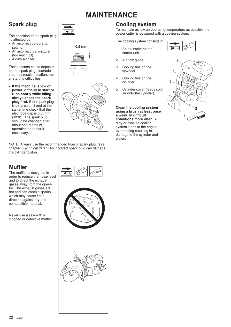 Maintenance, Spark plug, Muffler | Cooling system | Ryobi Drill Press User Manual | Page 20 / 25