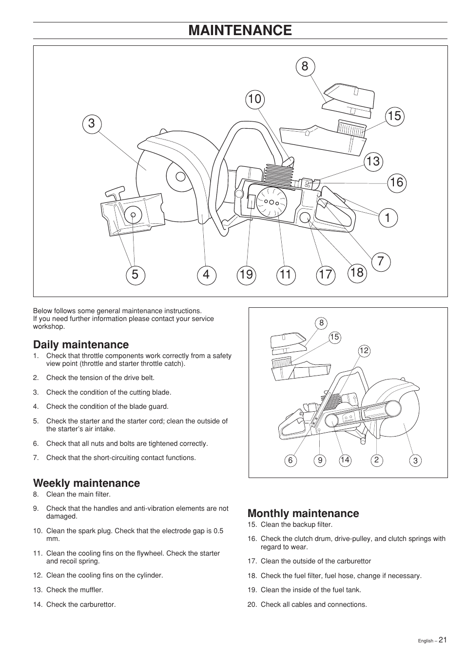 Maintenance, Weekly maintenance, Monthly maintenance | Daily maintenance | Ryobi Drill Press User Manual | Page 21 / 25