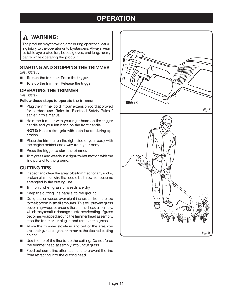 Operation, Warning | Ryobi RY41002A User Manual | Page 11 / 18