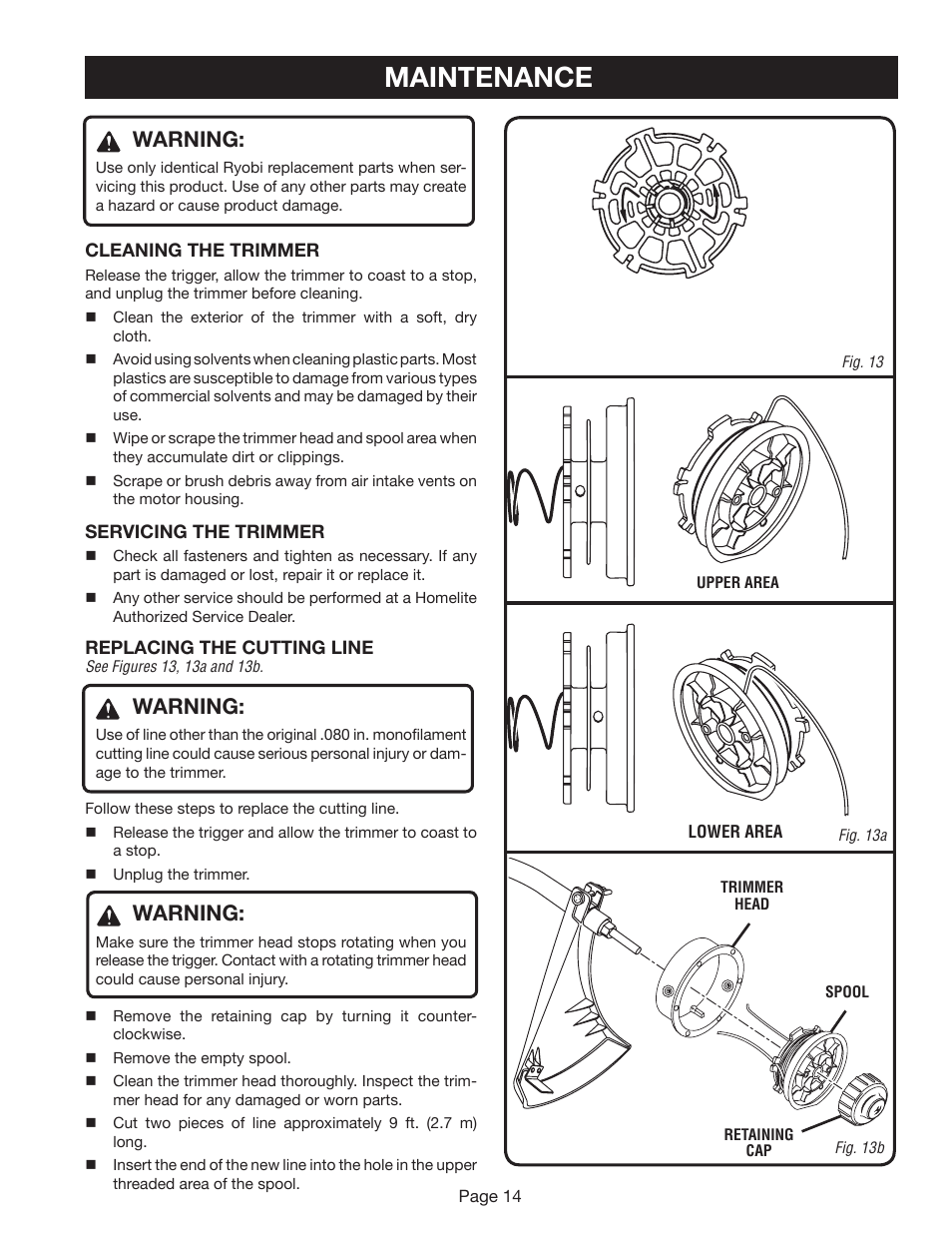 Maintenance, Warning | Ryobi RY41002A User Manual | Page 14 / 18