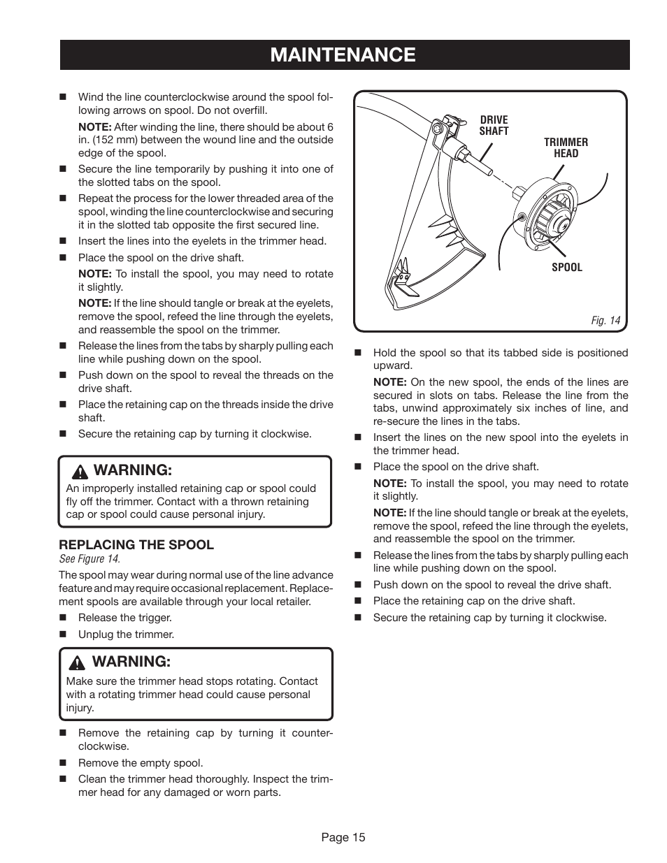Maintenance, Warning | Ryobi RY41002A User Manual | Page 15 / 18