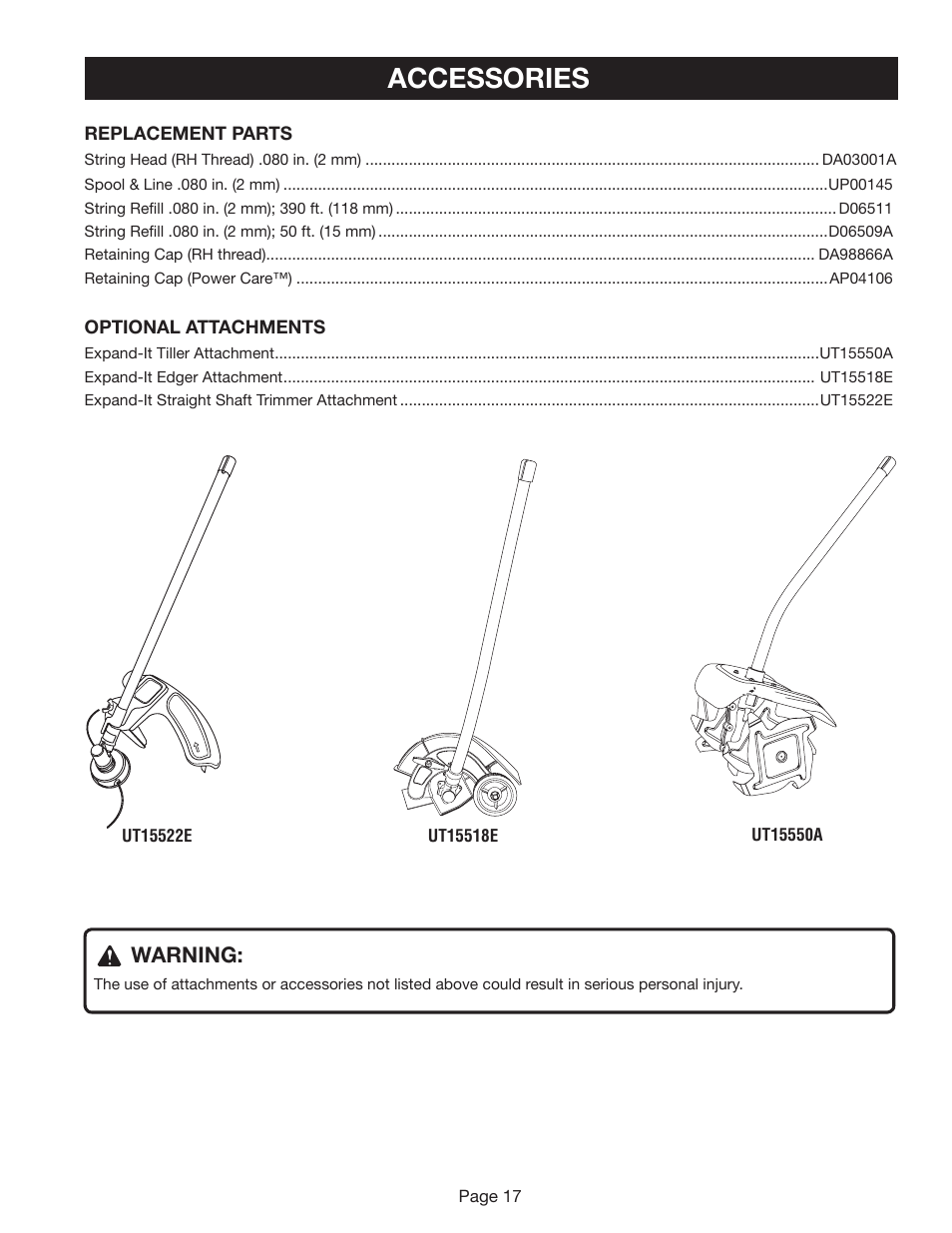 Accessories | Ryobi RY41002A User Manual | Page 17 / 18