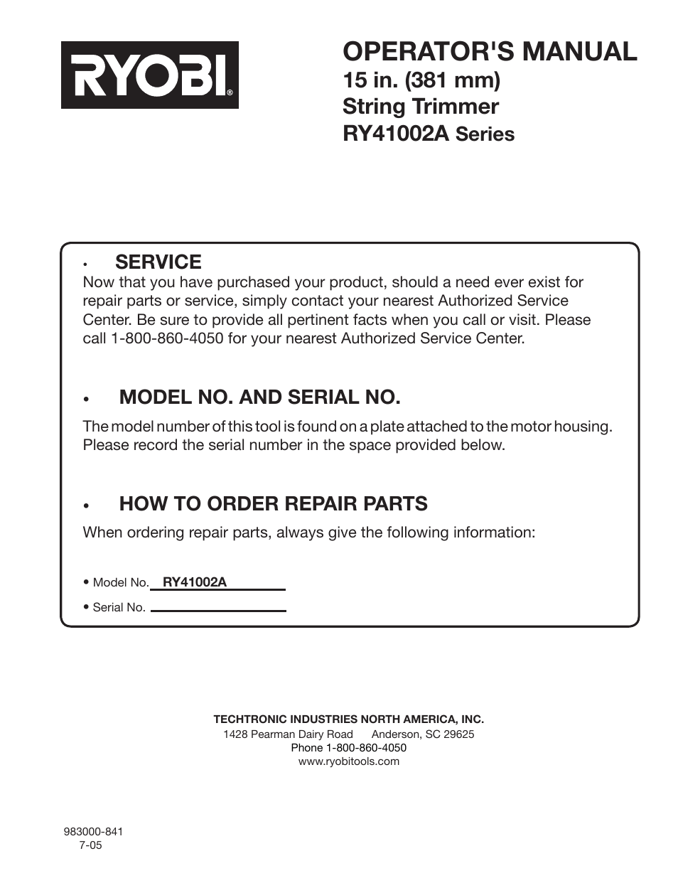 Operator's manual, Service, Model no. and serial no | How to order repair parts, Series | Ryobi RY41002A User Manual | Page 18 / 18