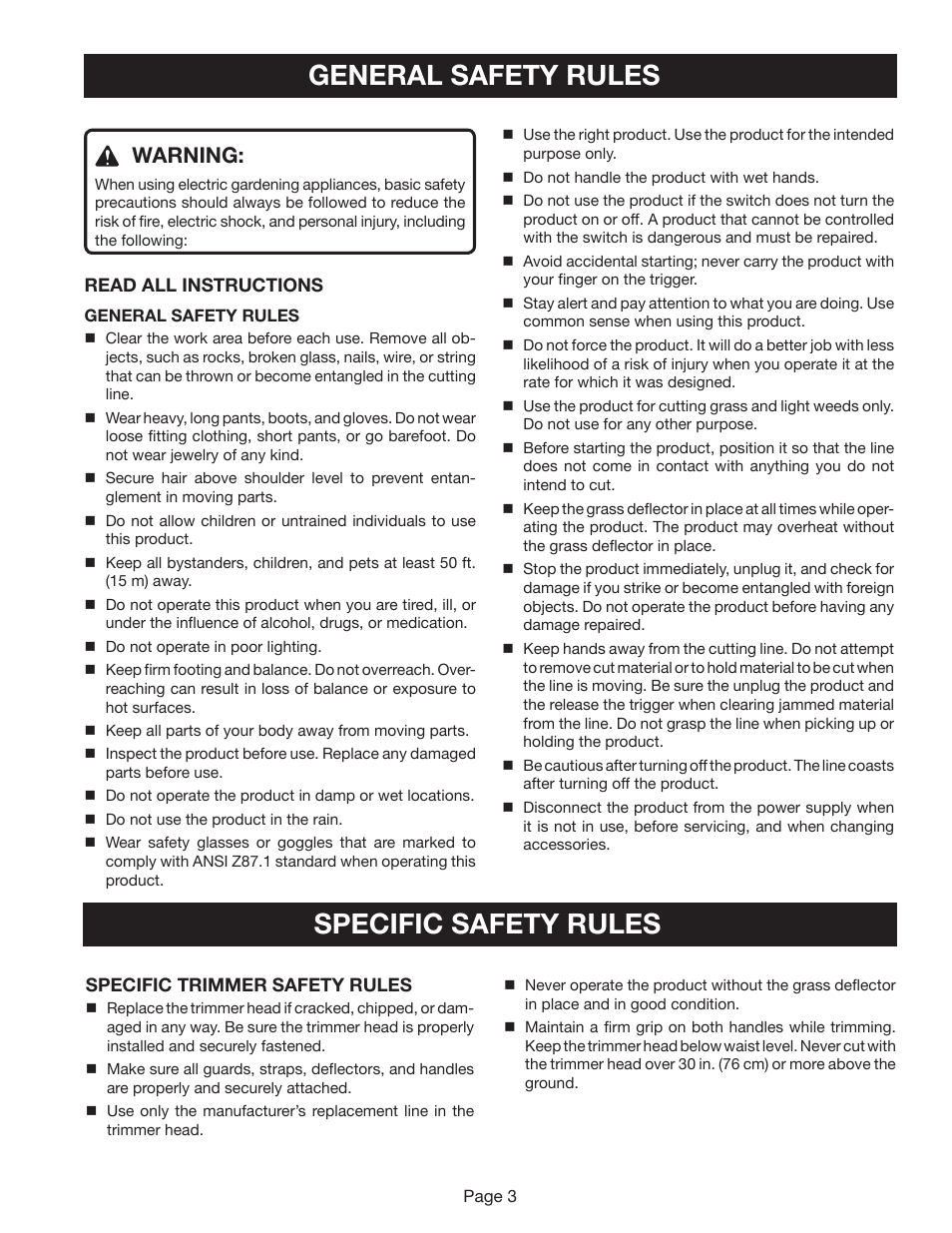 General safety rules specific safety rules, Warning | Ryobi RY41002A User Manual | Page 3 / 18