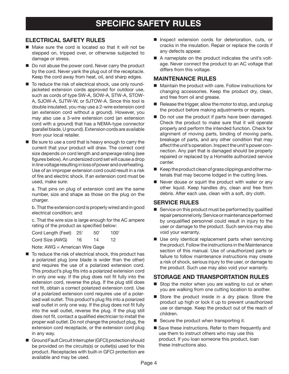 Specific safety rules | Ryobi RY41002A User Manual | Page 4 / 18