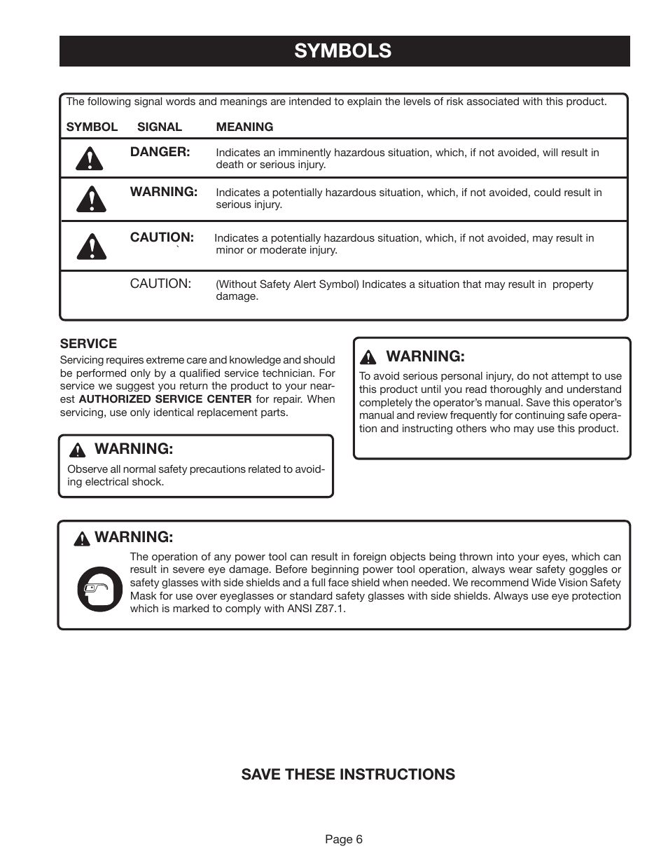Symbols, Save these instructions, Warning | Ryobi RY41002A User Manual | Page 6 / 18