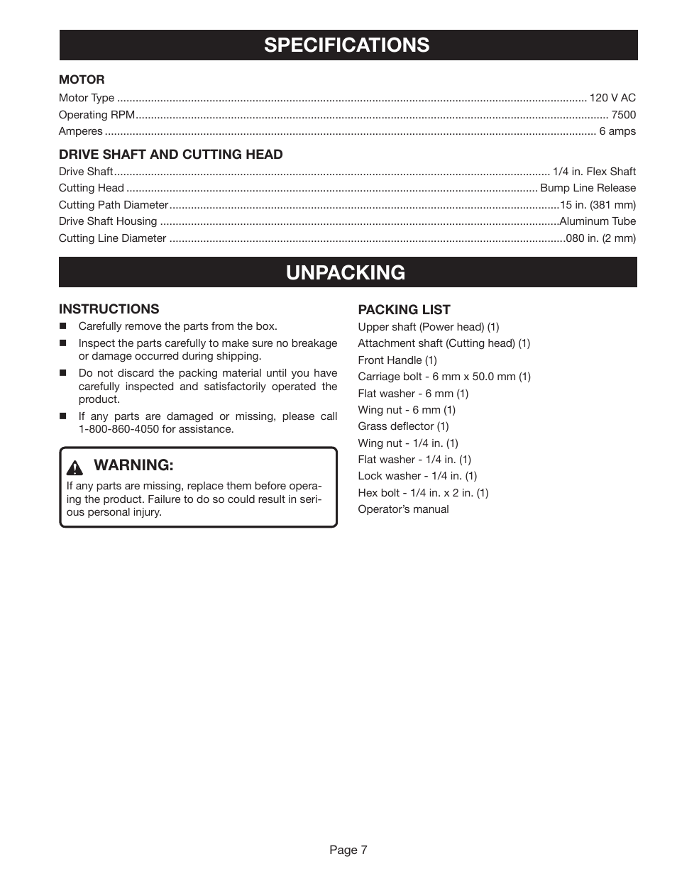 Specifications unpacking, Warning | Ryobi RY41002A User Manual | Page 7 / 18