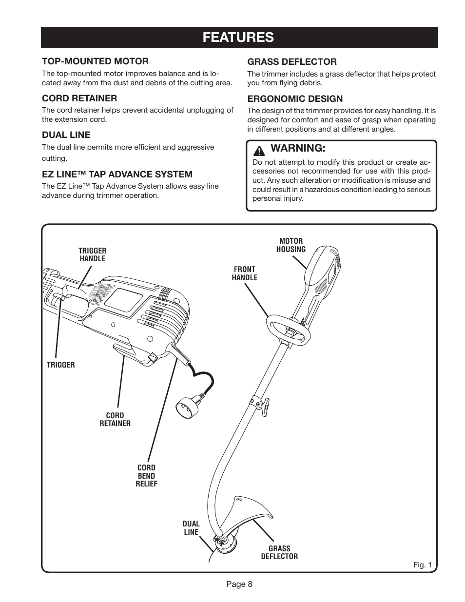 Features, Warning | Ryobi RY41002A User Manual | Page 8 / 18