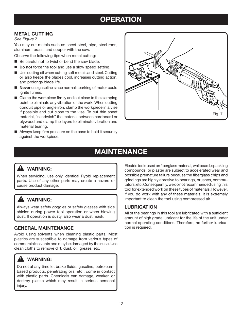 Operation maintenance | Ryobi RJ162V User Manual | Page 12 / 14