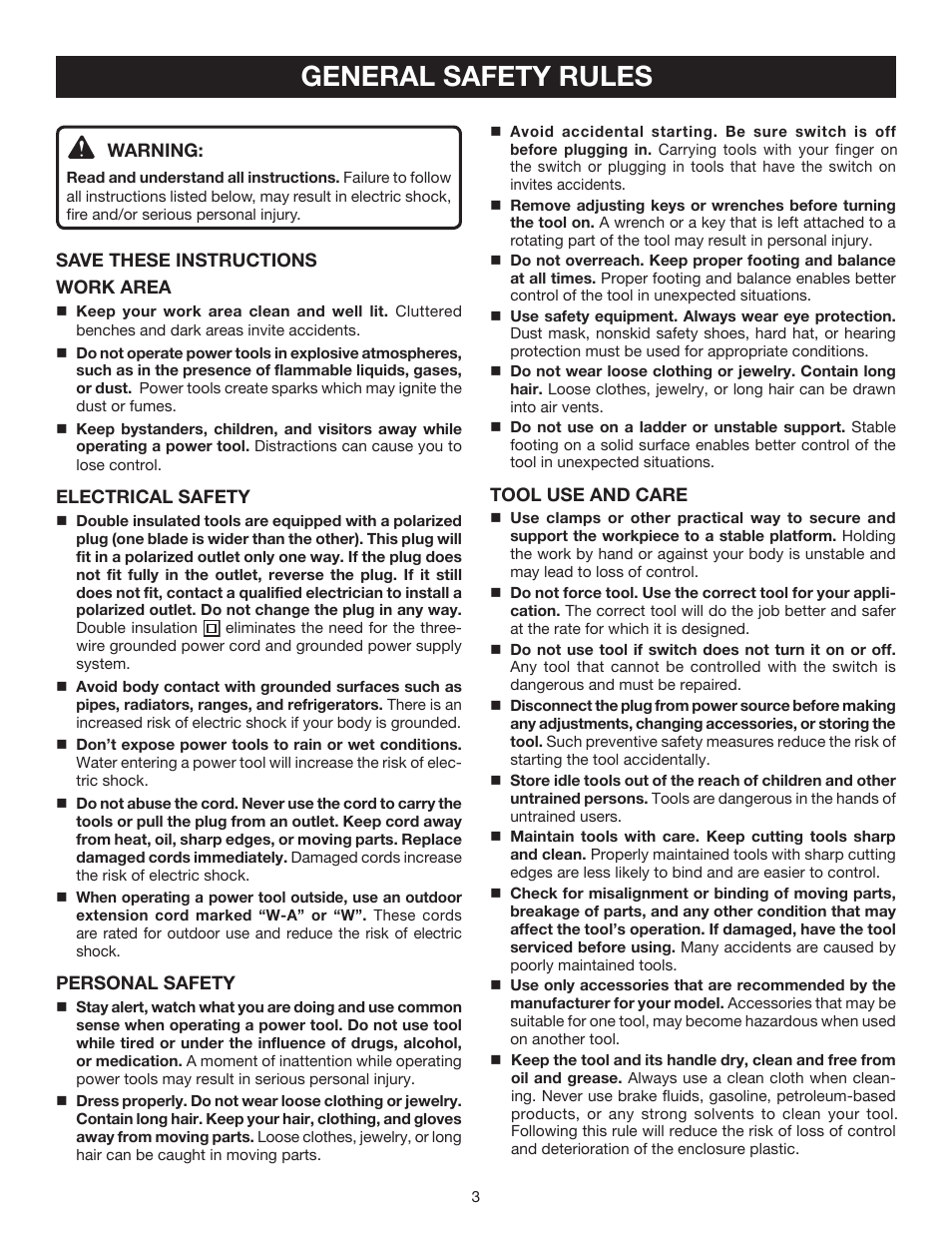 General safety rules | Ryobi RJ162V User Manual | Page 3 / 14