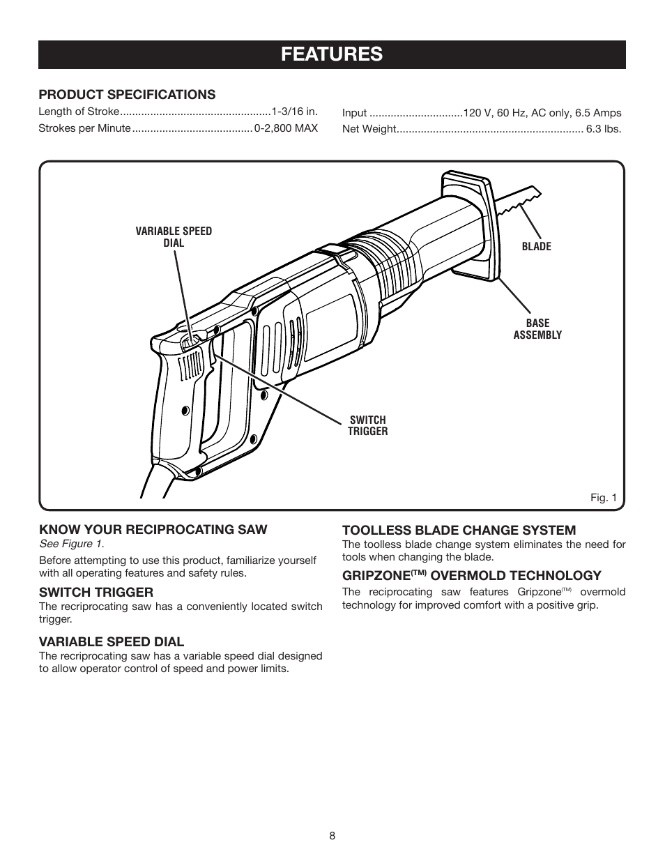 Features | Ryobi RJ162V User Manual | Page 8 / 14