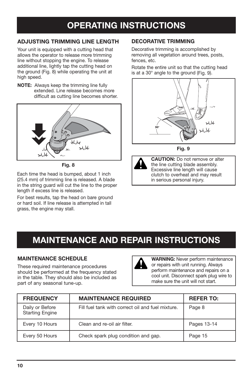 Operating instructions, Maintenance and repair instructions | Ryobi 2075RC User Manual | Page 10 / 20