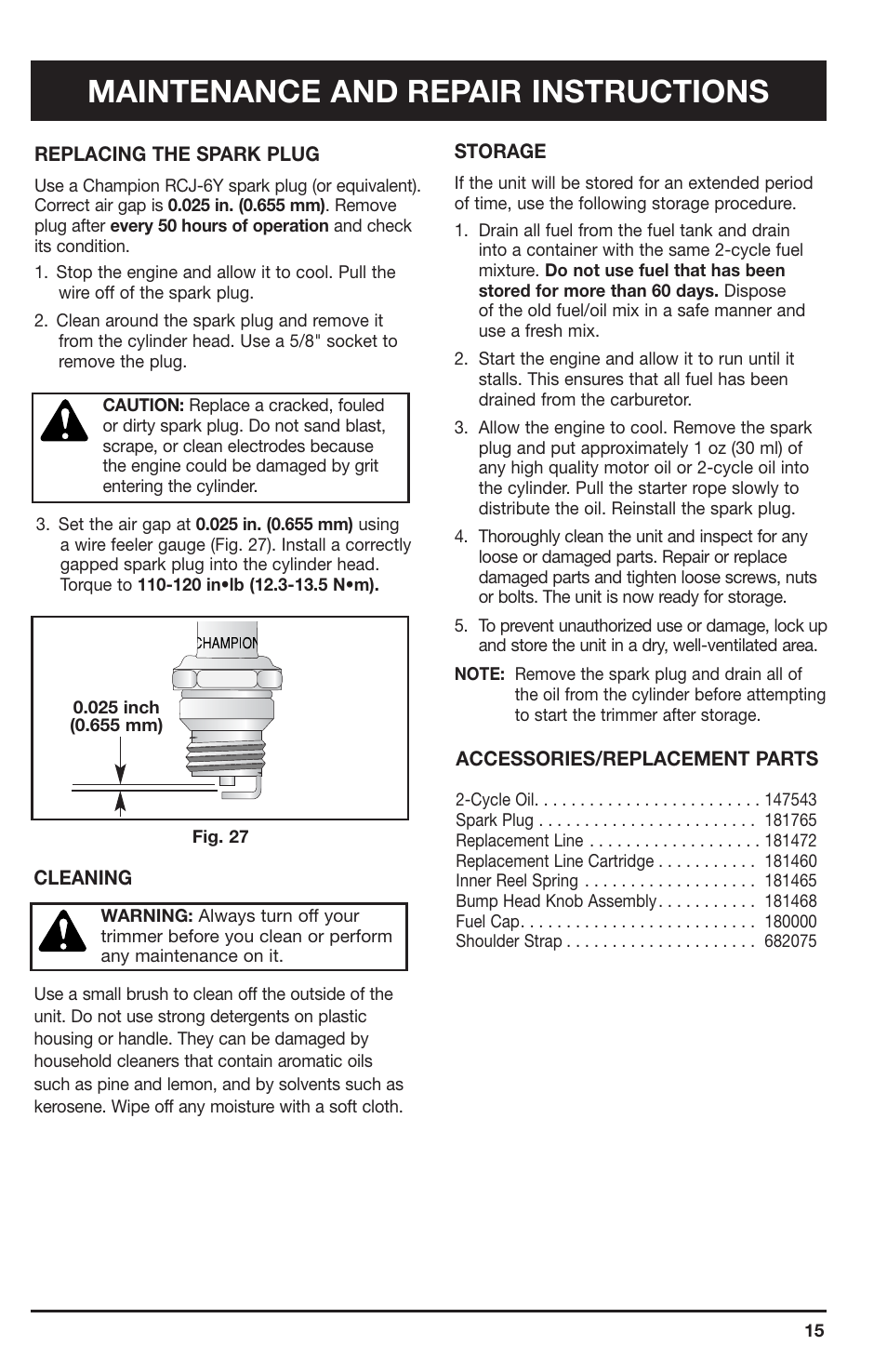 Maintenance and repair instructions | Ryobi 2075RC User Manual | Page 15 / 20