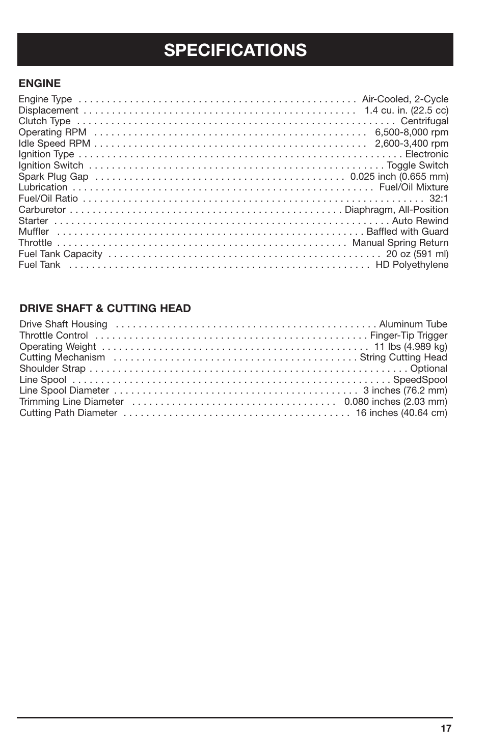 Specifications | Ryobi 2075RC User Manual | Page 17 / 20