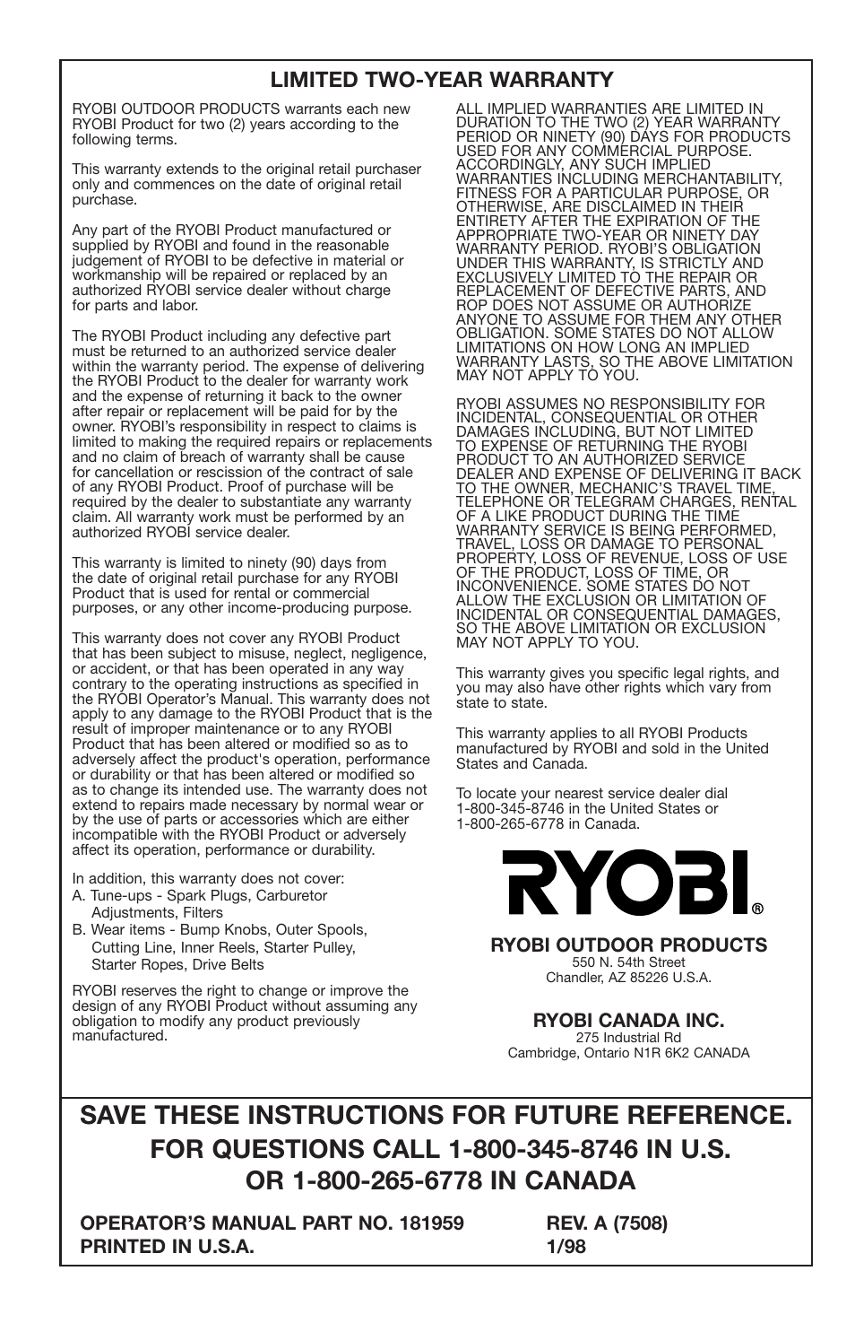 Limited two-year warranty | Ryobi 2075RC User Manual | Page 20 / 20