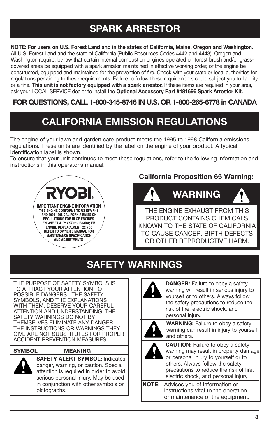 Warning | Ryobi 2075RC User Manual | Page 3 / 20