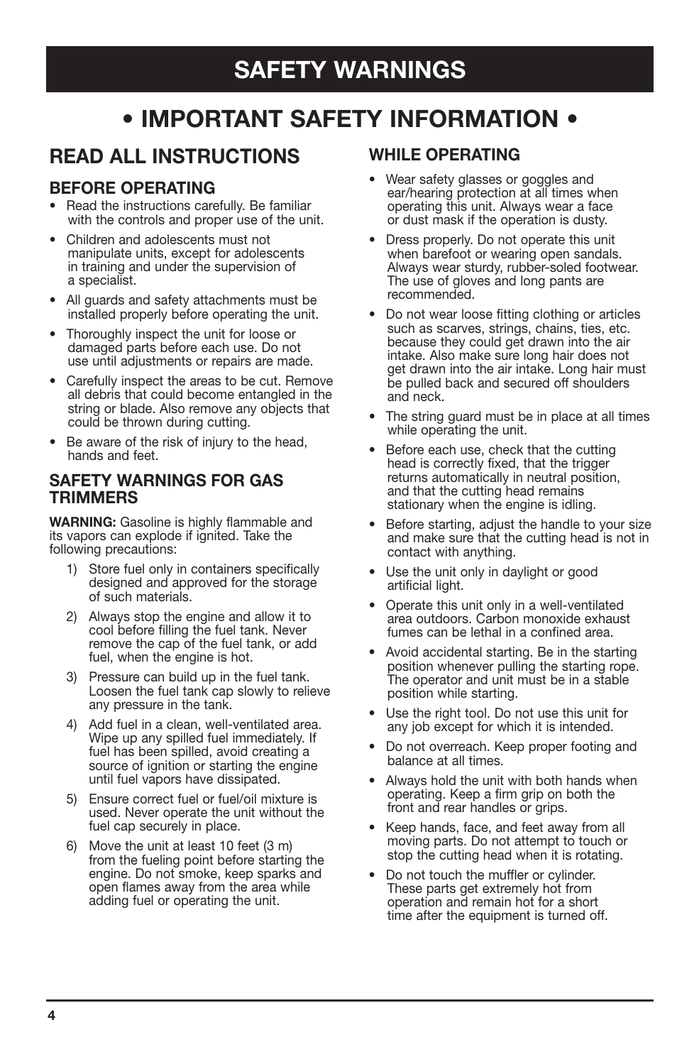 Safety warnings, Important safety information, Read all instructions | While operating, Before operating, Safety warnings for gas trimmers | Ryobi 2075RC User Manual | Page 4 / 20