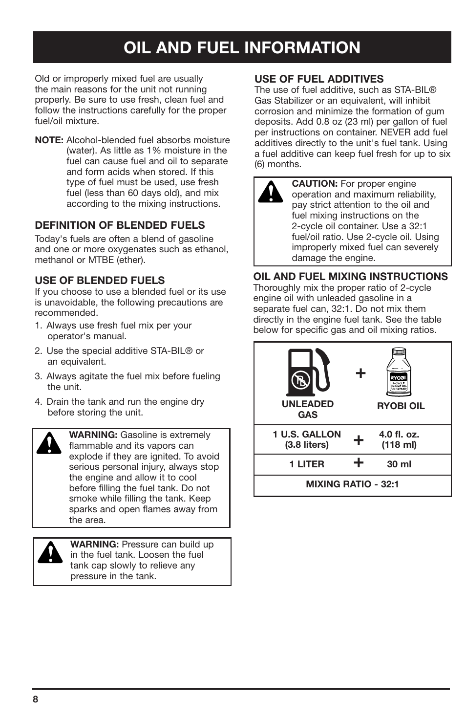 Oil and fuel information | Ryobi 2075RC User Manual | Page 8 / 20
