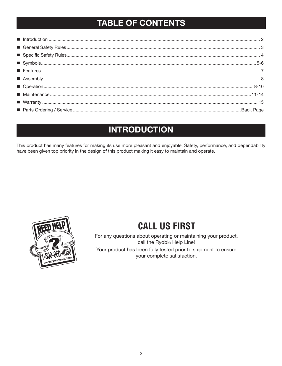 Call us first, Table of contents introduction | Ryobi P2601 User Manual | Page 2 / 16