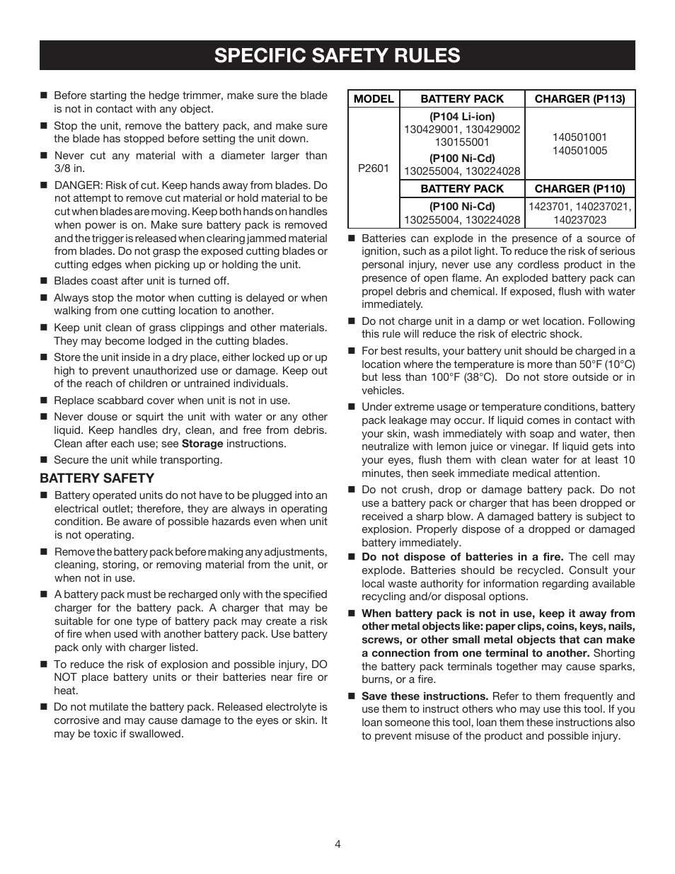 Specific safety rules | Ryobi P2601 User Manual | Page 4 / 16