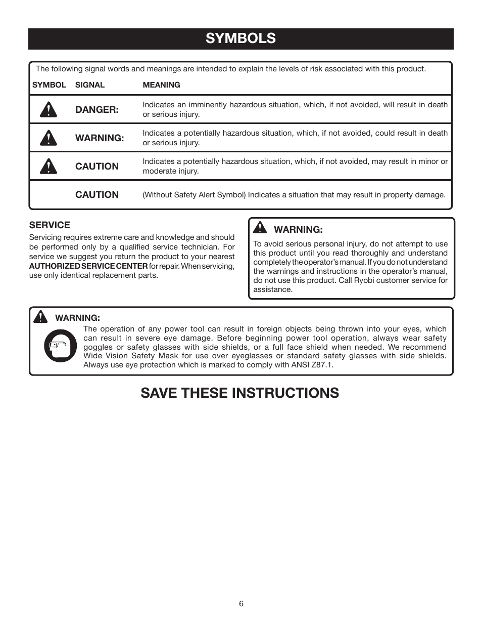 Save these instructions symbols | Ryobi P2601 User Manual | Page 6 / 16