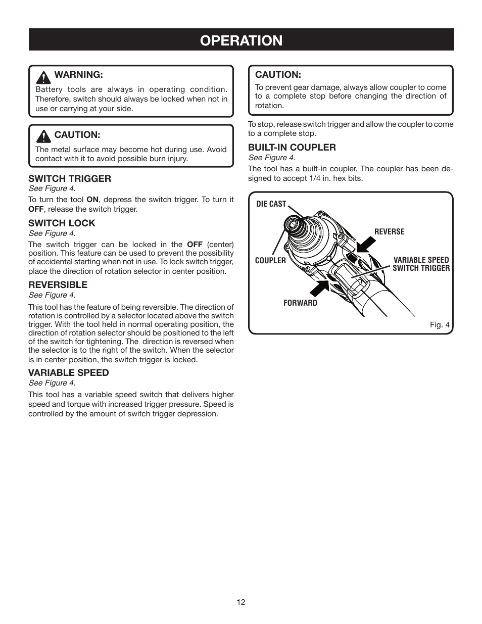 Operation | Ryobi P231 User Manual | Page 12 / 16