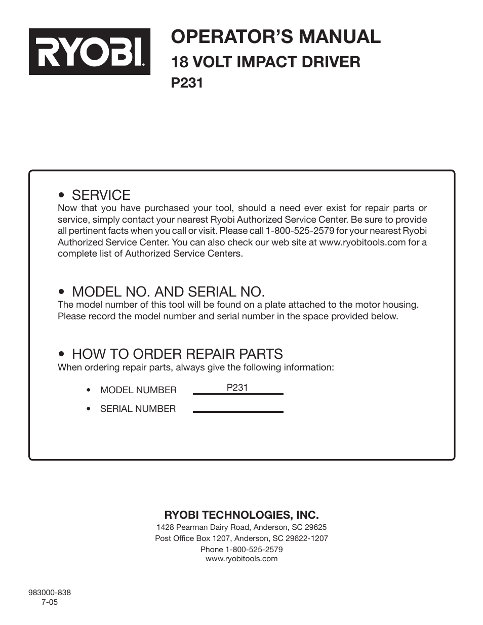 Operator’s manual, 18 volt impact driver, Service | Model no. and serial no, How to order repair parts, P231 | Ryobi P231 User Manual | Page 16 / 16