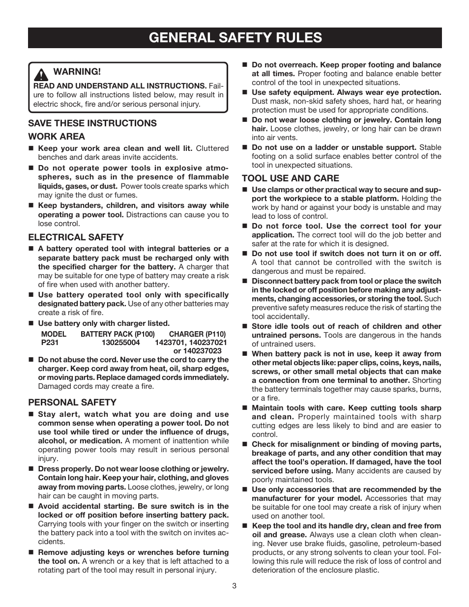 General safety rules | Ryobi P231 User Manual | Page 3 / 16