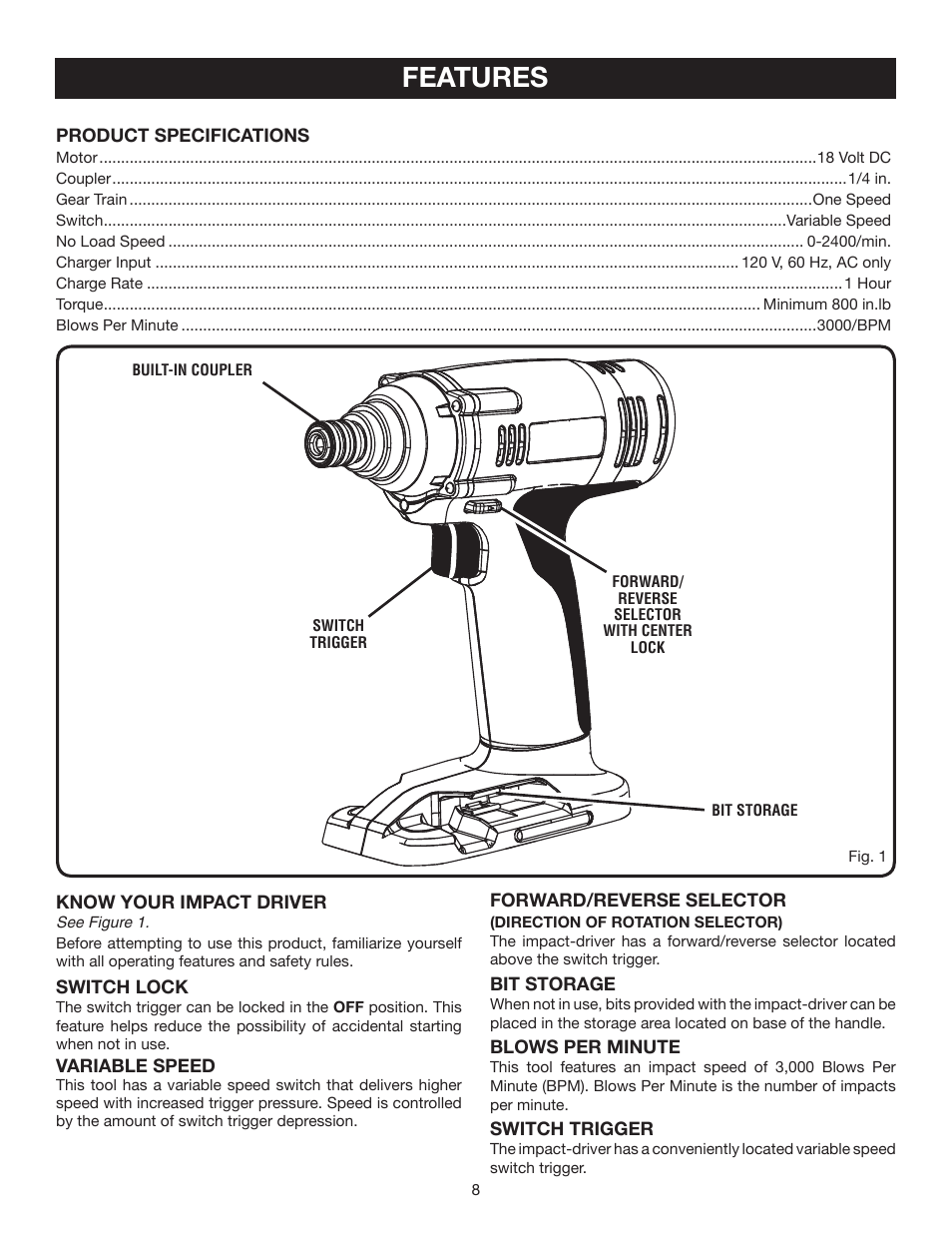 Features | Ryobi P231 User Manual | Page 8 / 16