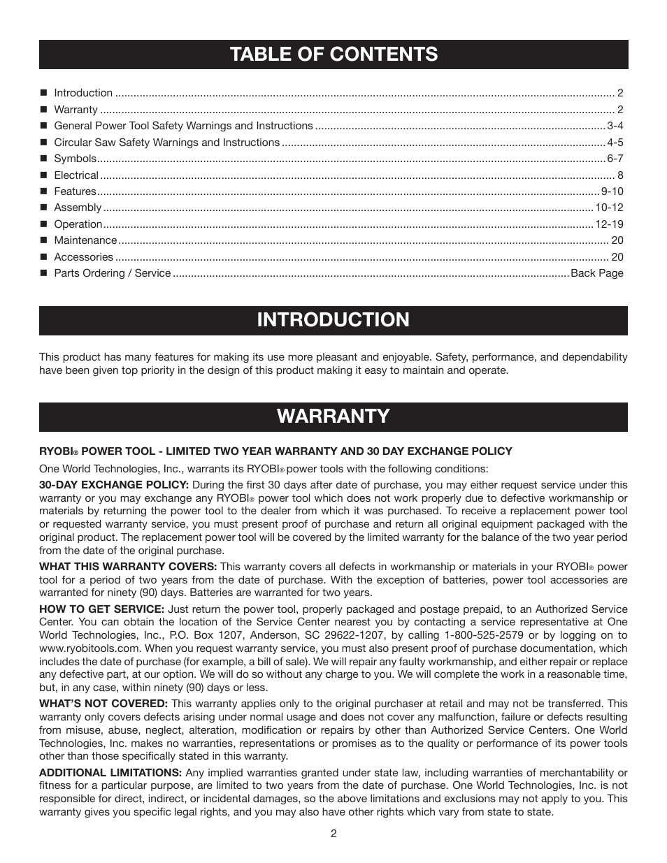 Table of contents introduction, Warranty | Ryobi CSB123 User Manual | Page 2 / 22