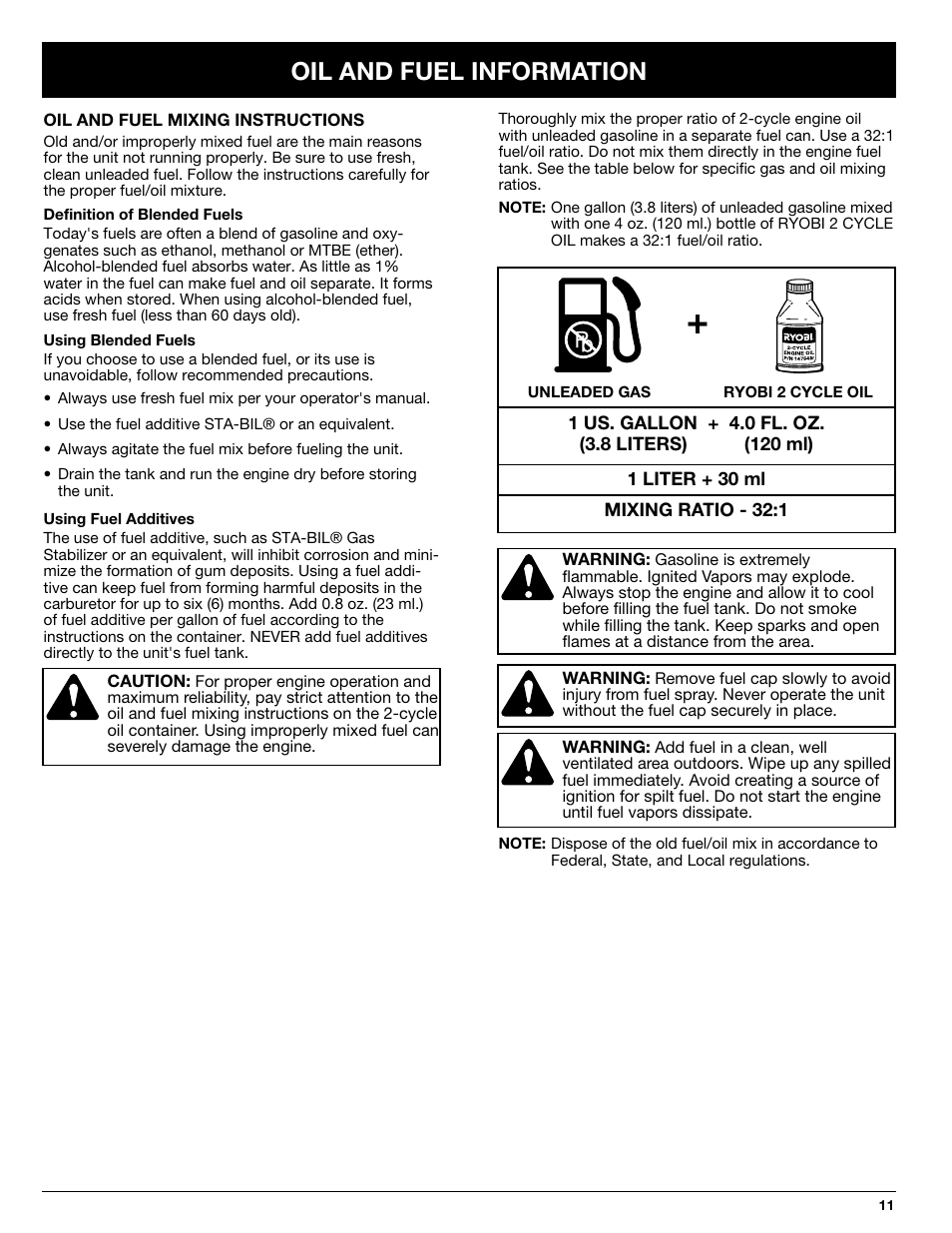 Oil and fuel information | Ryobi 330B User Manual | Page 11 / 22
