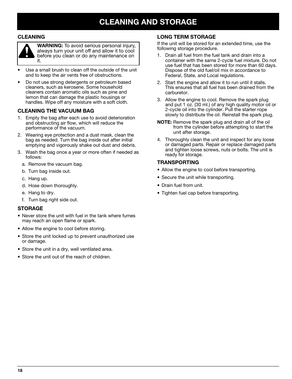 Cleaning and storage | Ryobi 330B User Manual | Page 18 / 22