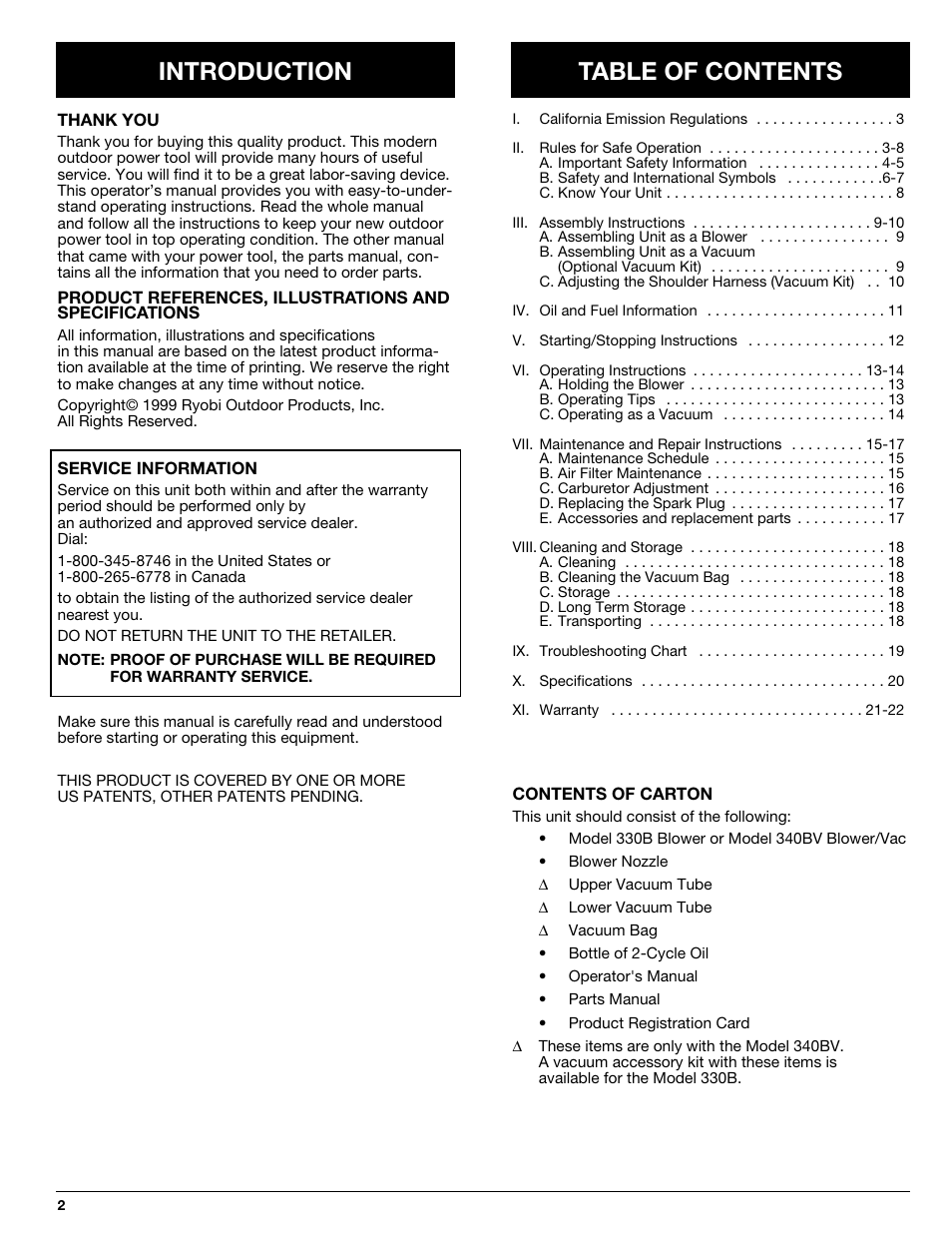 Introduction table of contents | Ryobi 330B User Manual | Page 2 / 22