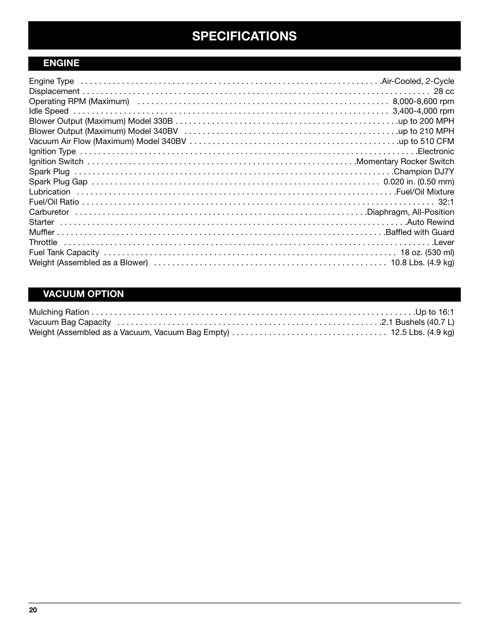 Specifications | Ryobi 330B User Manual | Page 20 / 22