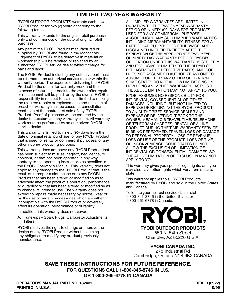 Ryobi 330B User Manual | Page 22 / 22