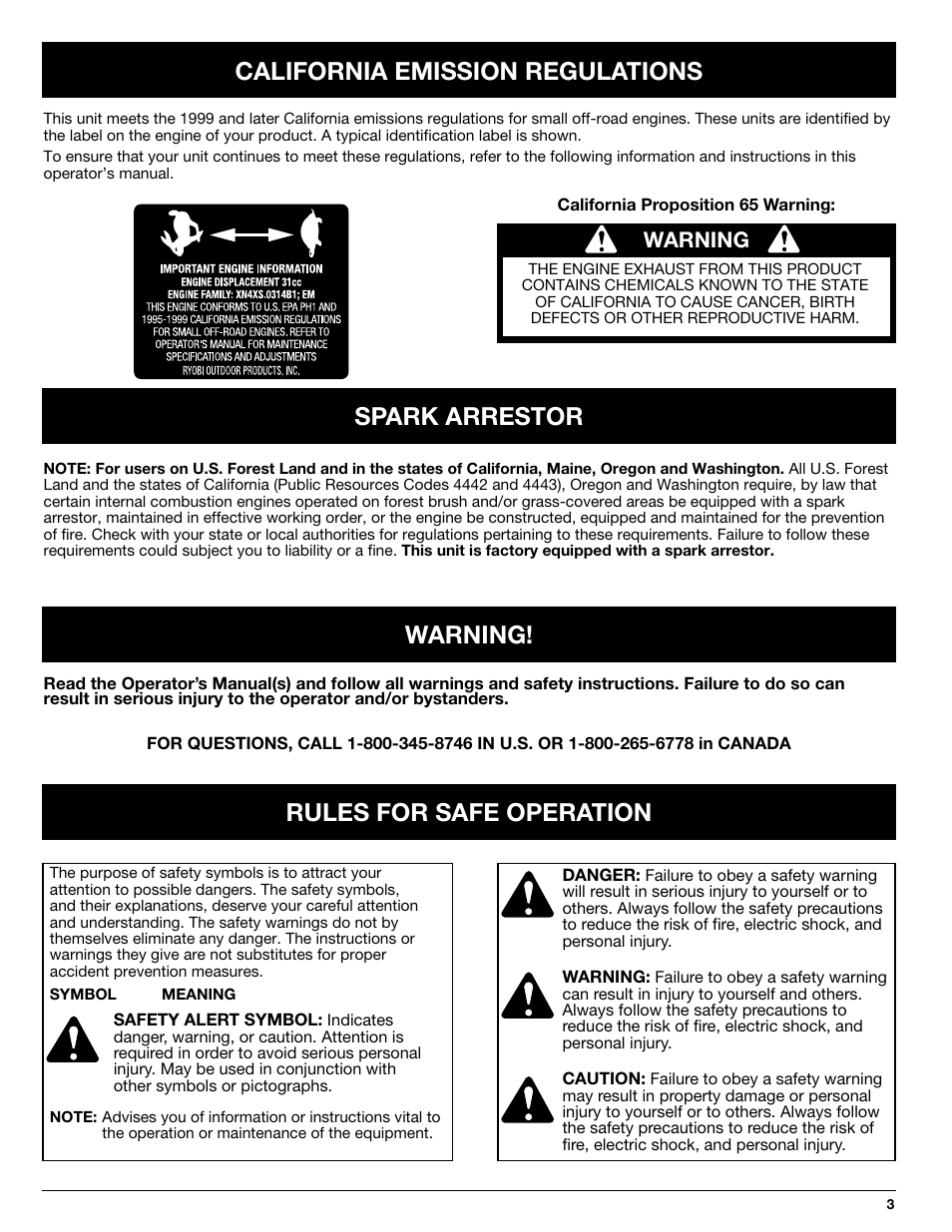 California emission regulations, Spark arrestor warning! rules for safe operation, Warning | Ryobi 330B User Manual | Page 3 / 22